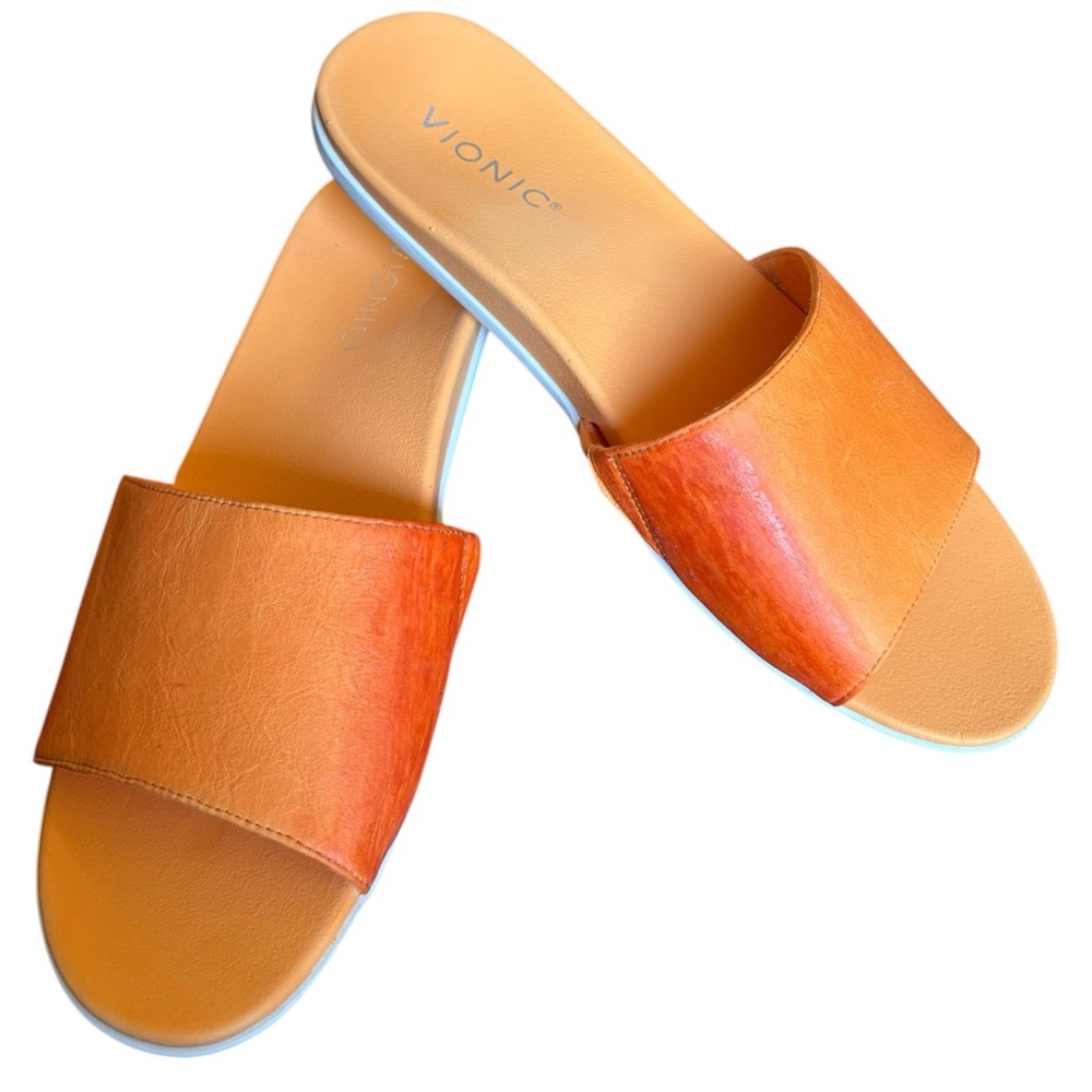 Vionic Bright  Orange Leather Slide Sandals with White Sole - Picture 9 of 14
